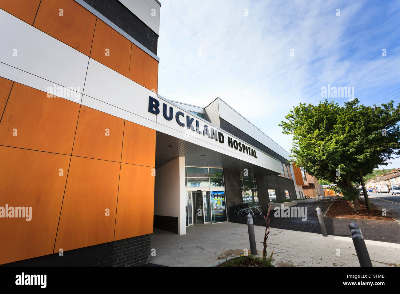 Exterior of main entrance to Buckland Hospital without people Stock Photo