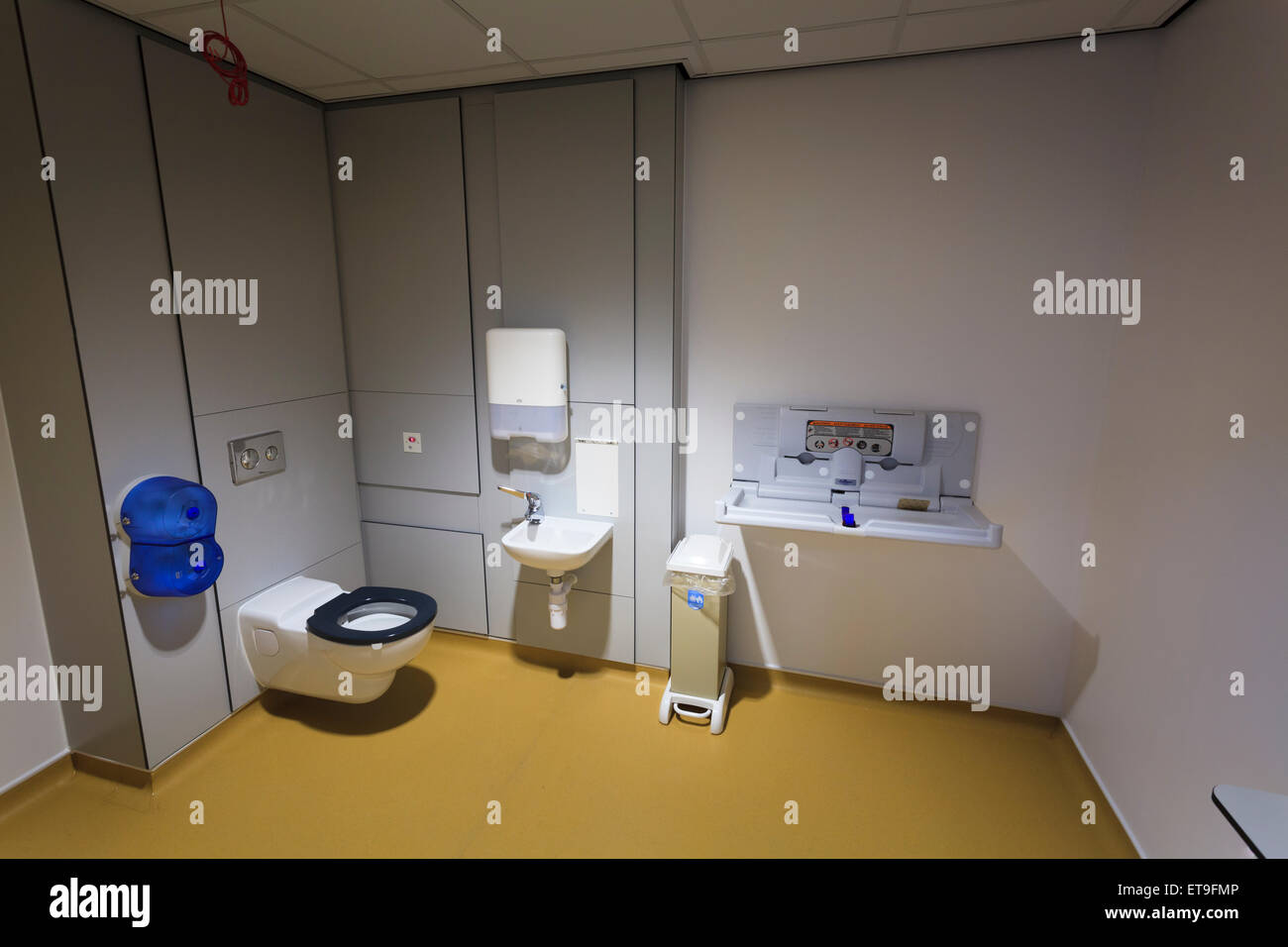 Commercial building toilet with wall mounted lay flat baby changing unit Stock Photo