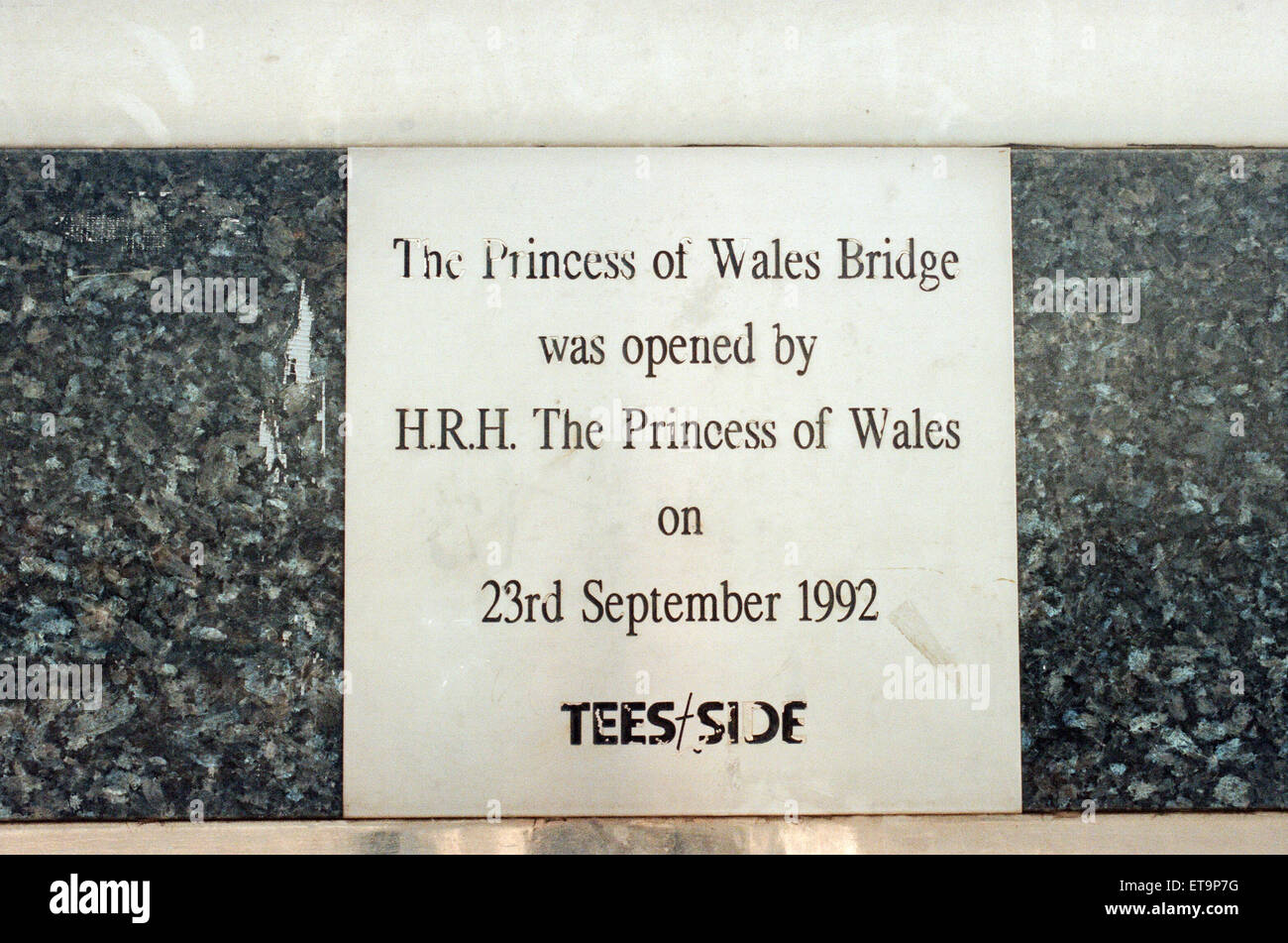 The Princess of Wales Bridge Plaque, Stockton, 23rd September 1997. Stock Photo