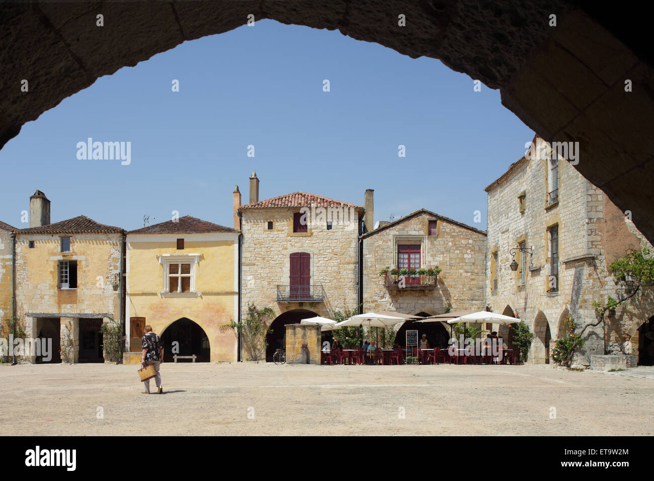 Monpazier, France, residential buildings on the Place des Arcades Stock