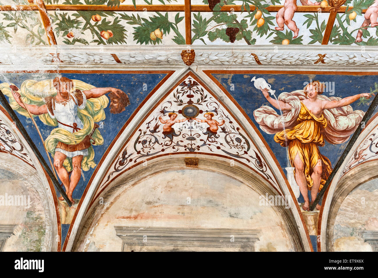 Villa Cicogna Mozzoni, Bisuschio, Lombardy, Northern Italy. Early 16c fresco in a loggia of the villa Stock Photo