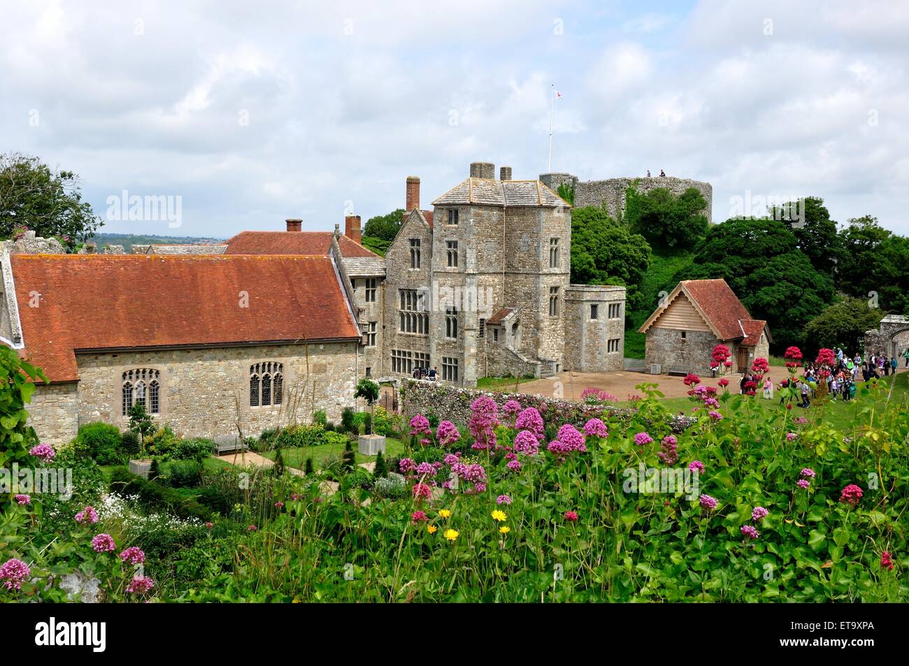 Carisbrooke Castle on the Isle of Wight, England with flowers in bloom
