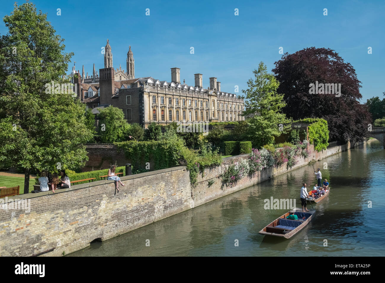 Punting Tour on the River Cam, Cambridge, England UK. Clare College building and gardens in background Stock Photo