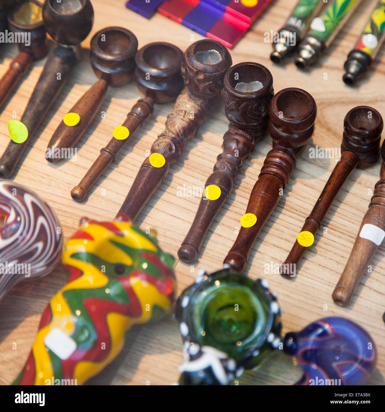 many different sorts of hash pipes for sale in amsterdam shop Stock Photo