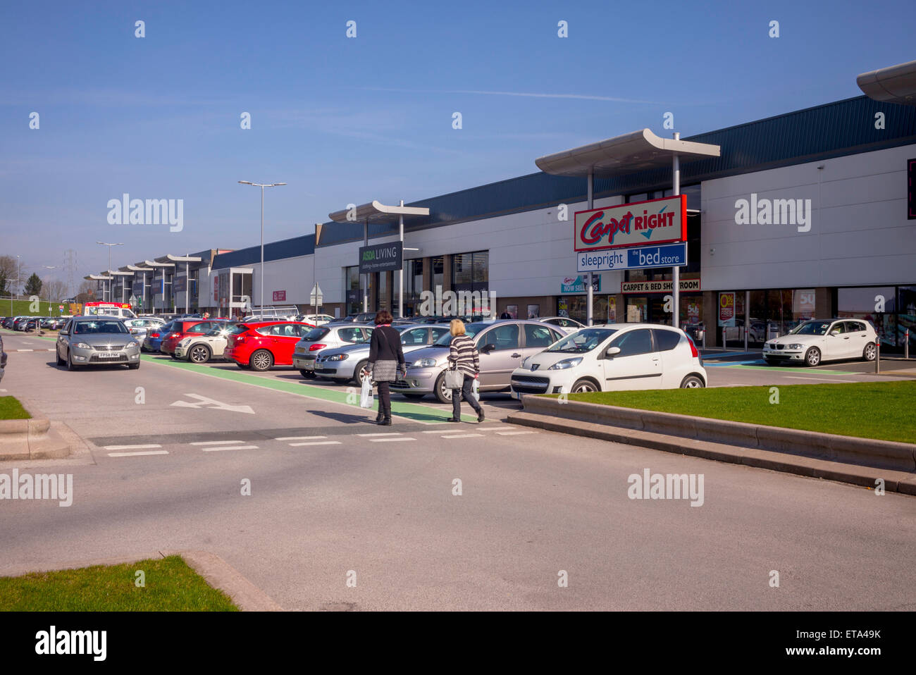 A large out of town popular retail park at Stafford, Staffordshire, with a variety of units and plenty of car parking facilities Stock Photo