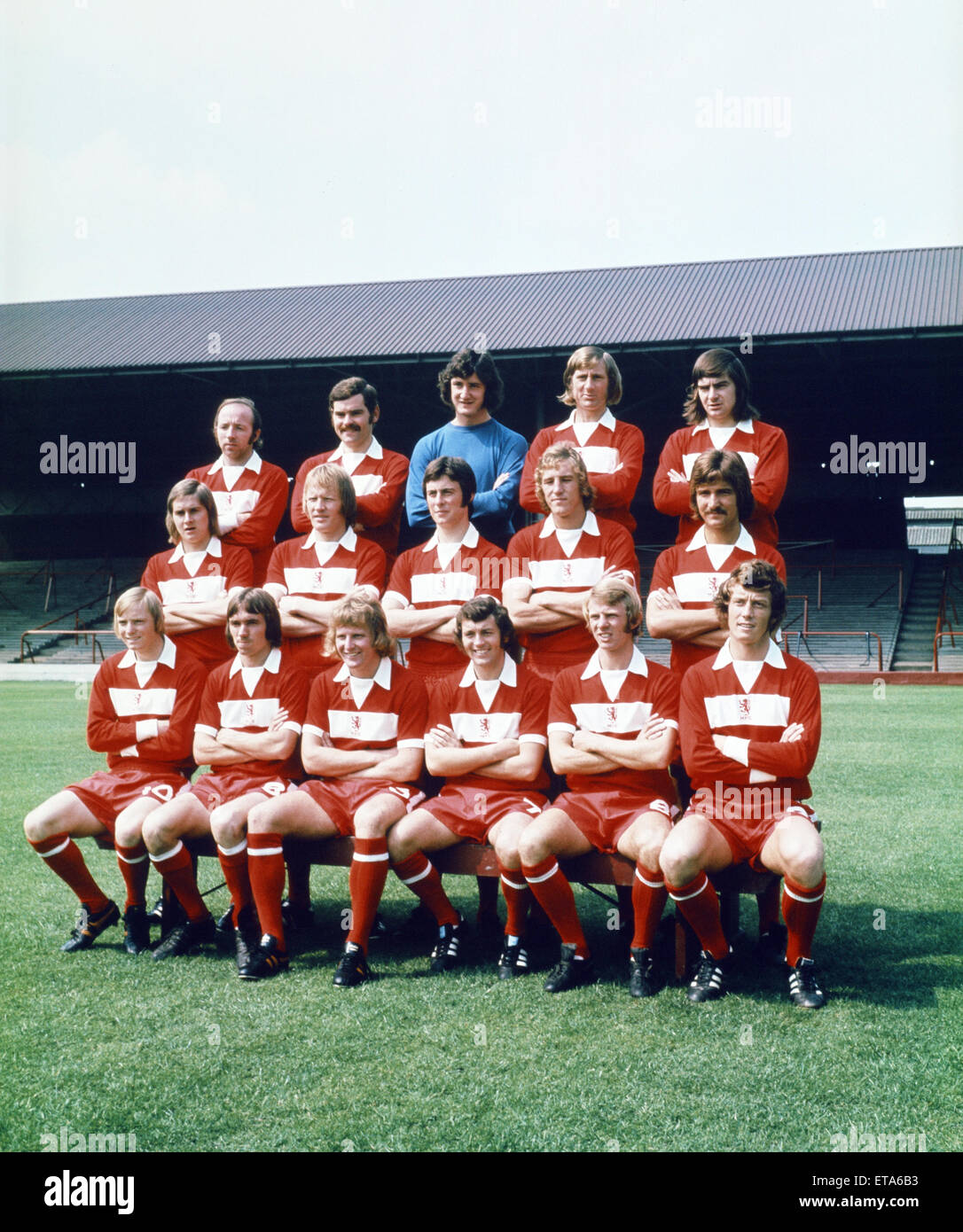 Middlesbrough FC team photograph.  Back row L-R: N. Stiles, J. Craggs, J. Platt, W. Gates, A. Foggon. Centre row L-R: P. Brine, J. Hickton, P. Creamer, S. Boam, G. Souness. Front row L-R: D. Armstrong, H. Charlton, M. Smith, E. McMordie, D. Mills, W. Madd Stock Photo