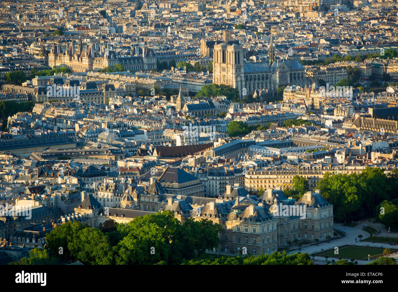 Overhead view of Paris with Hotel de Ville, Cathedral Notre Dame and Palais Luxembourg, Paris, France Stock Photo