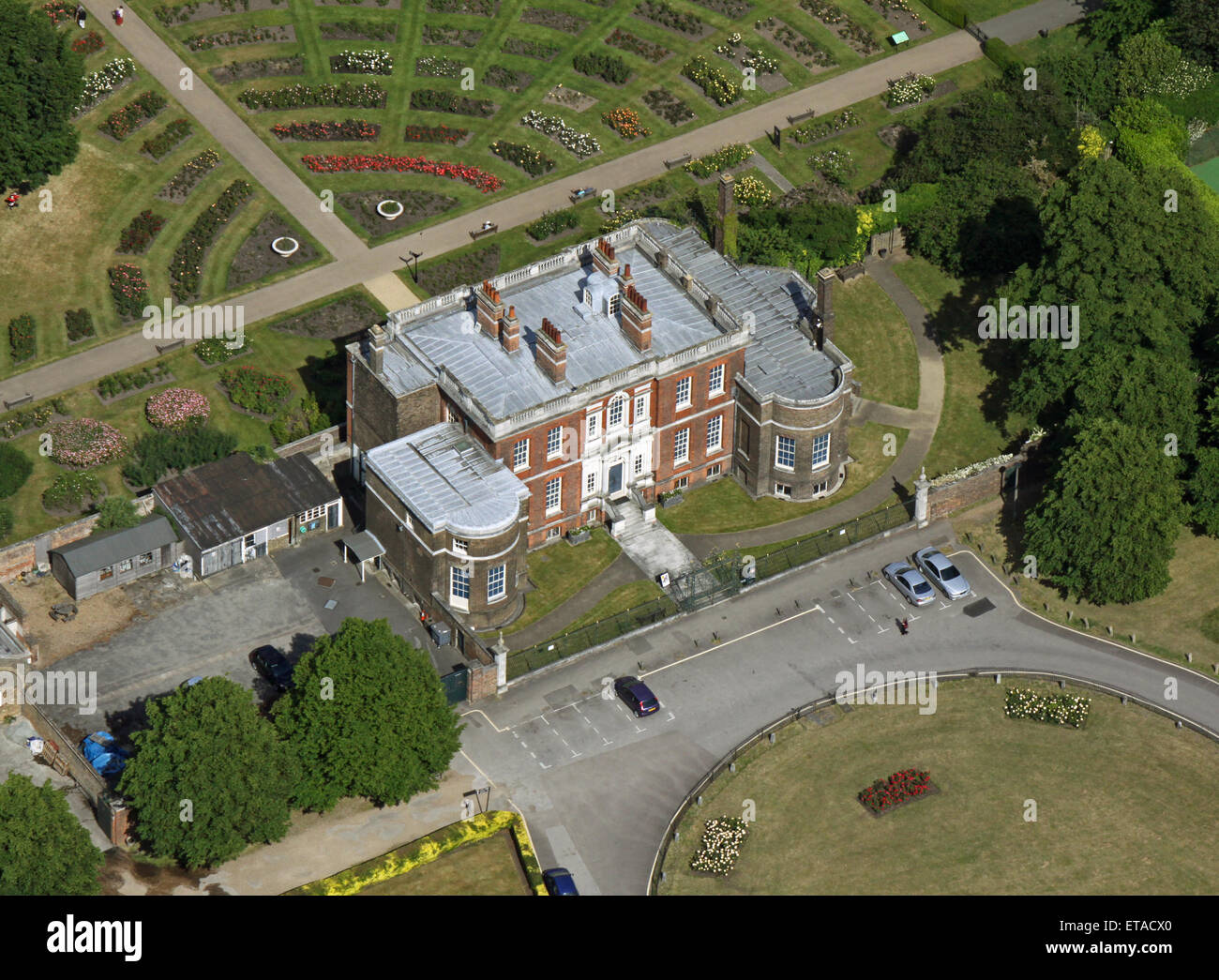 aerial view of The Rangers House & Rose Garden in Greenwich Park, London SE10, UK Stock Photo