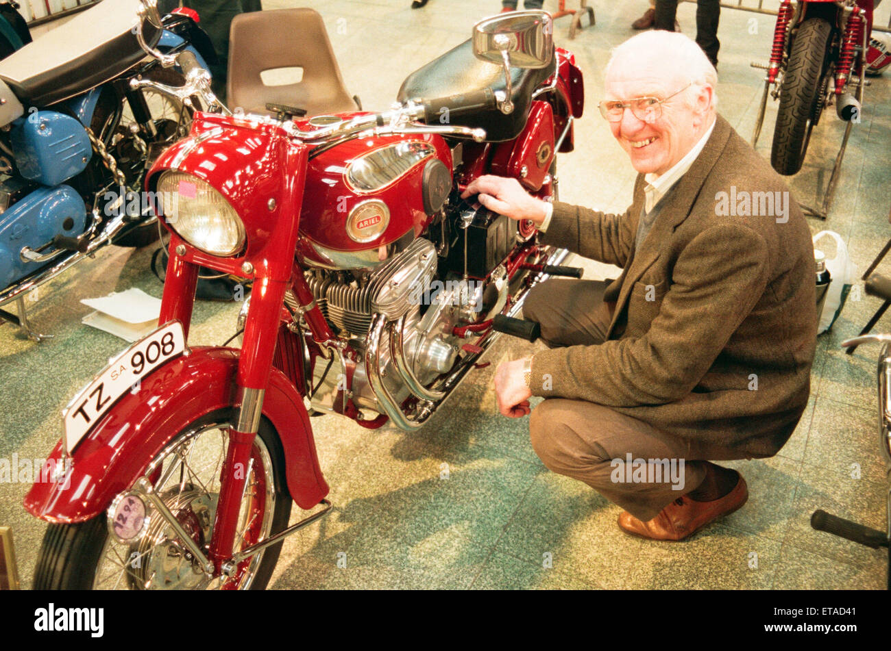 Big Bike Show - Eddie Saint with his 1958 Ariel Square 4 which was exported to Australia for use by the police. 26th March 1995. Stock Photo