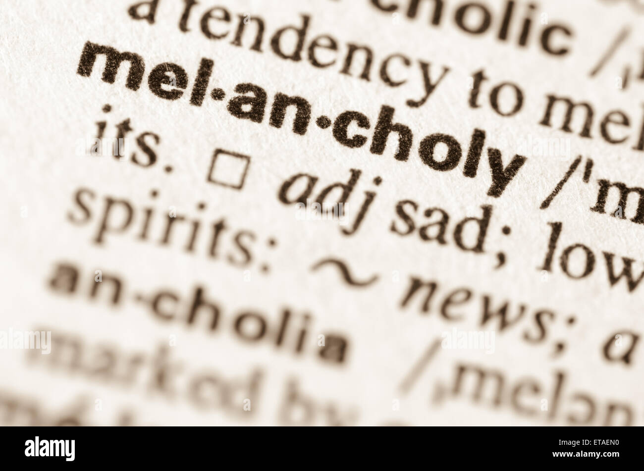 Definition of word melancholy  in dictionary Stock Photo
