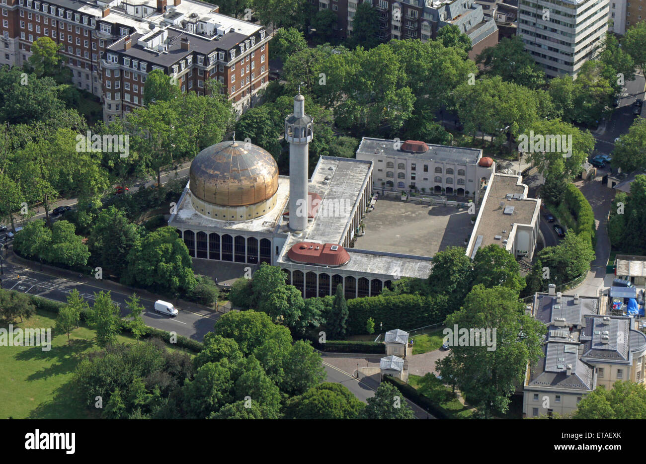 aerial view of The Islamic Cultural Centre and The London Central Mosque, near Regents Park, London, UK Stock Photo