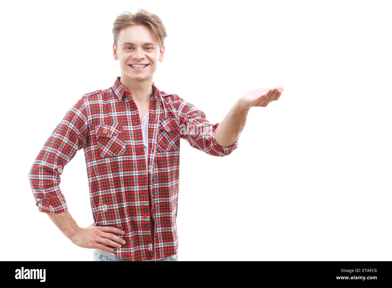 Cheerful guy rising his hand Stock Photo - Alamy