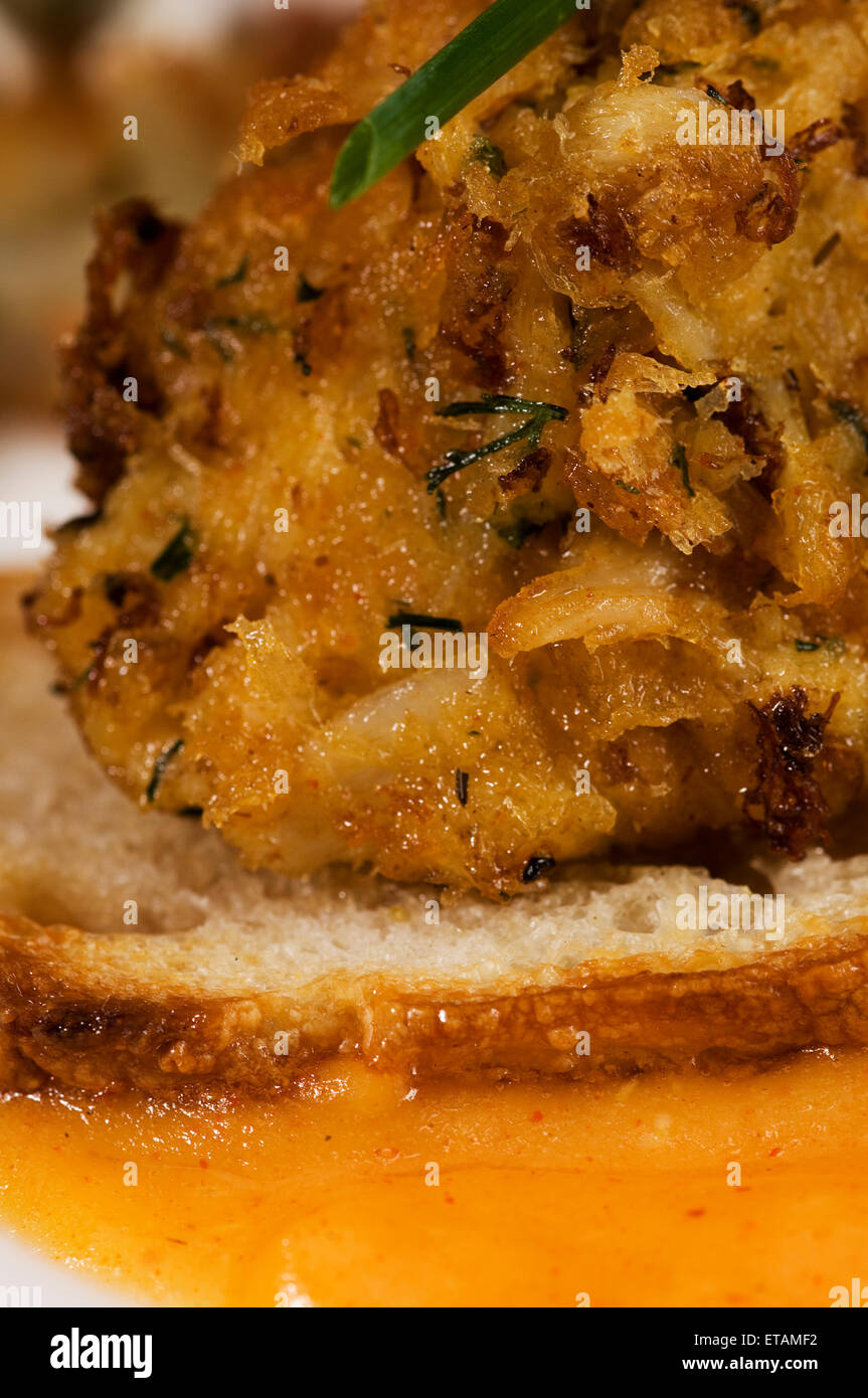 A closeup of a crispy potato h'ors doeuvre. Stock Photo