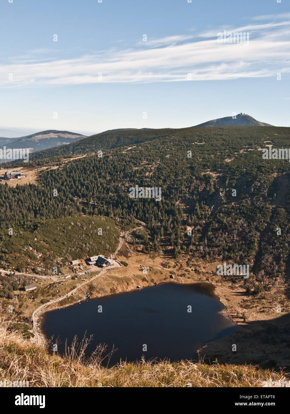 Maly Staw lake with Sneizka hill on the background in Karkonosze mountains Stock Photo