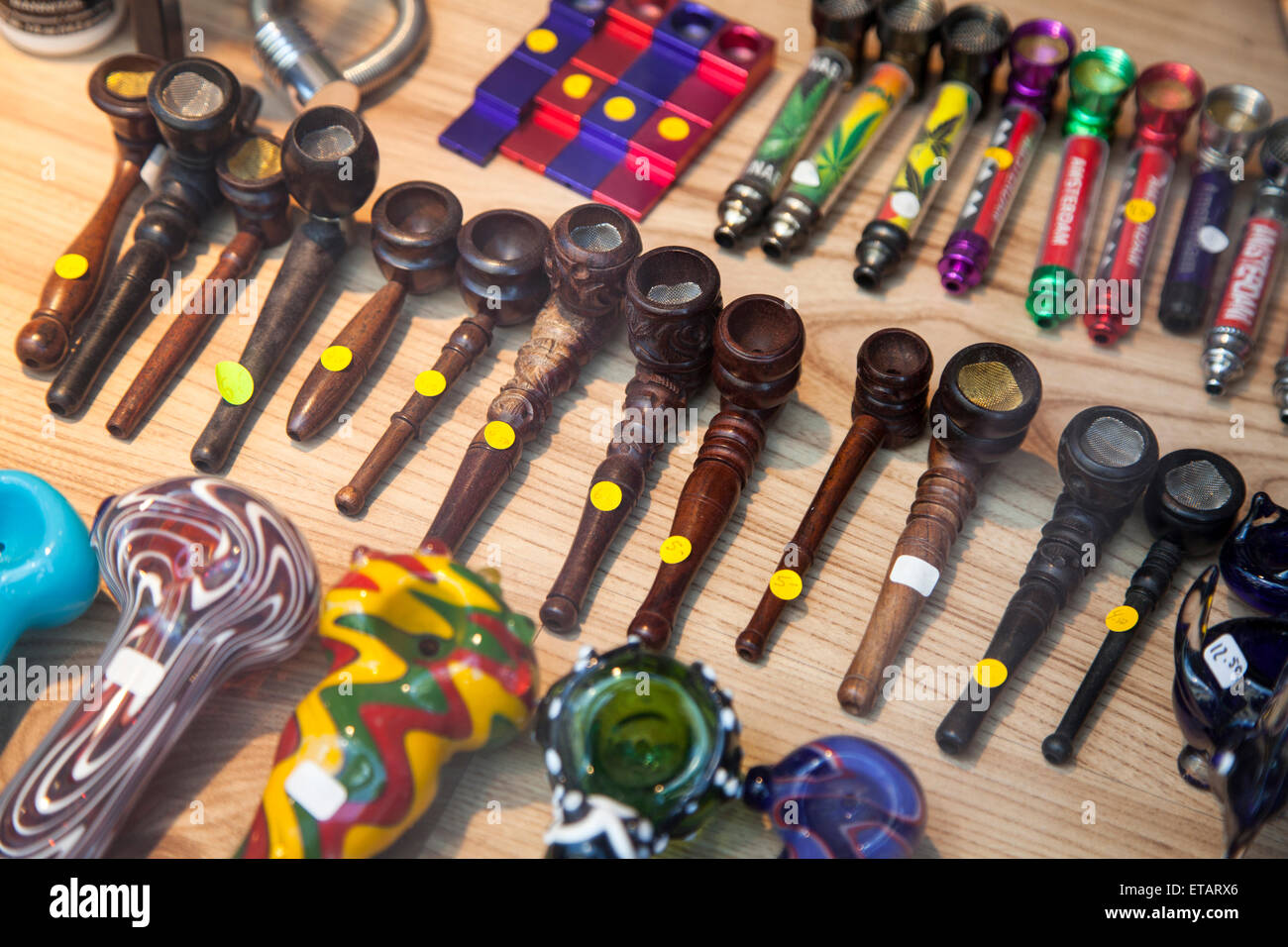 many different sorts of hash pipes for sale in amsterdam shop Stock Photo