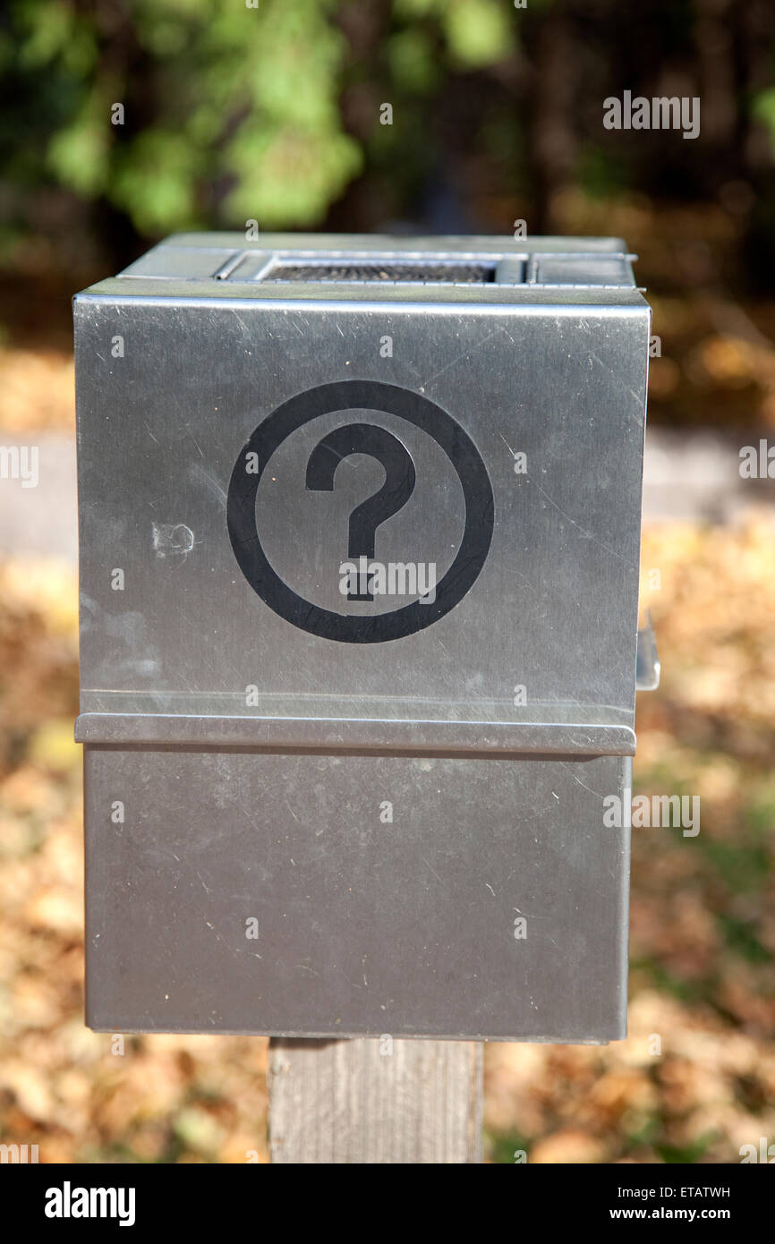 A box with a circled question mark at Walker Art Center, probably a container for questionnaires. Minneapolis Minnesota MN USA Stock Photo