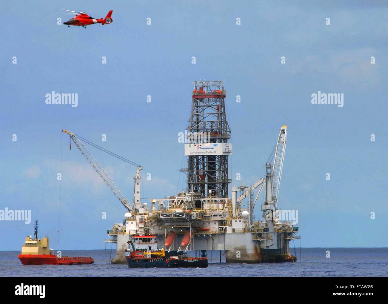 The mobile offshore drilling unit Development Driller II in the process of drilling a relief well at the BP Deepwater Horizon oil spill disaster site July 20, 2010 in the Gulf of Mexico. Stock Photo