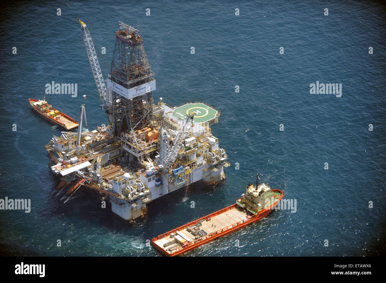 The mobile offshore drilling unit Development Driller II in the process of drilling a relief well at the BP Deepwater Horizon oil spill disaster site June 12, 2010 in the Gulf of Mexico. Stock Photo