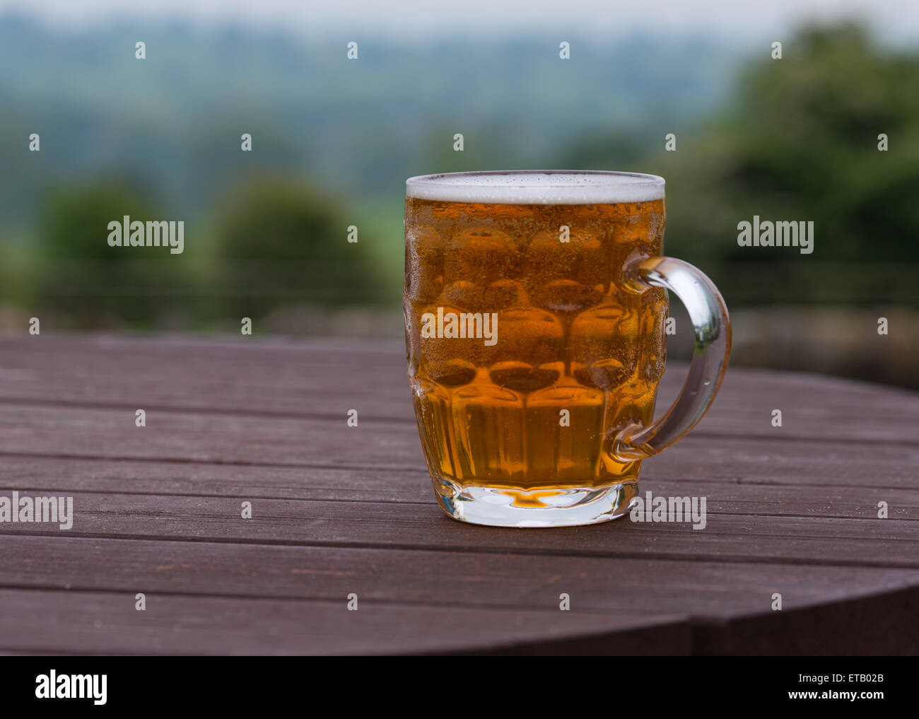 traditional pint of bitter beer on country pub beer garden table Stock