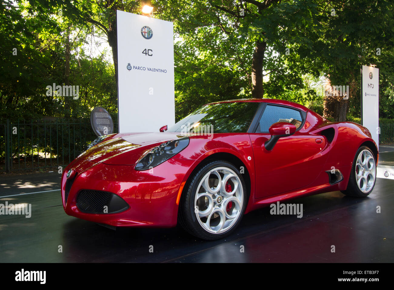 Turin, Italy, 11th June 2015. Alfa Romeo 4C. Parco Valentino car show hosted 93 cars by many automobile manufacturers and car designers inside Valentino Park, Torino, Italy. Stock Photo