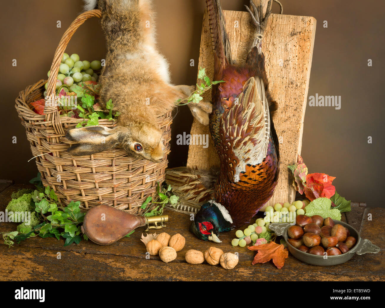 Antique old master hunting still life with pheasant and hare Stock Photo