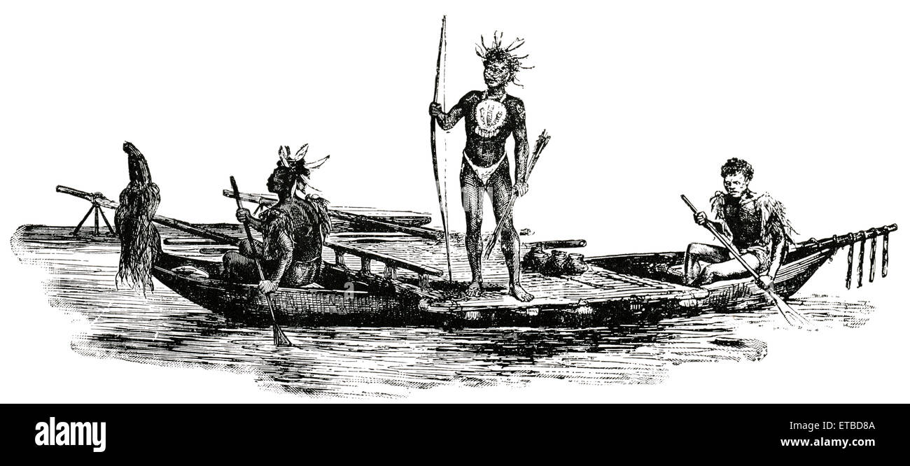 Warriors with Weapons on Canoes, New Guinea, 'Classical Portfolio of Primitive Carriers', by Marshall M. Kirman, World Railway Publ. Co., Illustration, 1895 Stock Photo