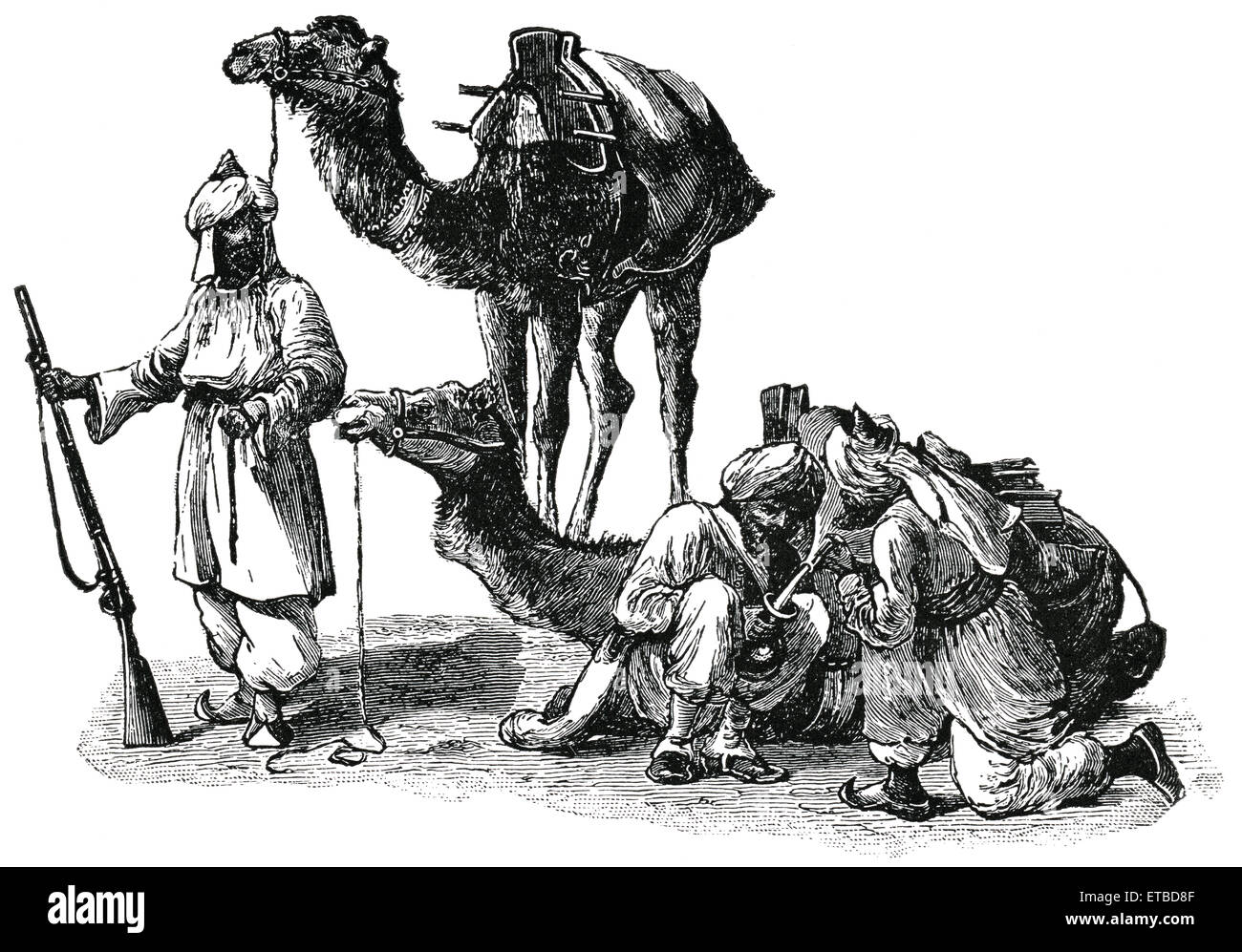 Raiding Nomads with Camels, Afghanistan, 'Classical Portfolio of Primitive Carriers', by Marshall M. Kirman, World Railway Publ. Co., Illustration, 1895 Stock Photo