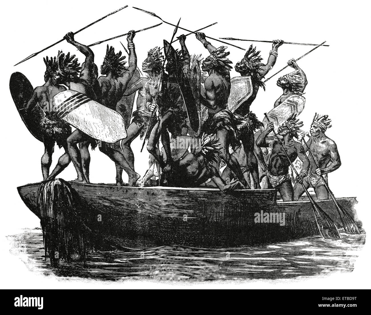 Warriors on War Canoe, Africa, 'Classical Portfolio of Primitive Carriers', by Marshall M. Kirman, World Railway Publ. Co., Illustration, 1895 Stock Photo