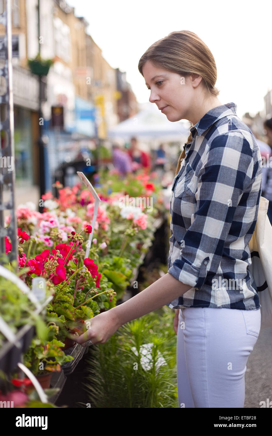 young woman choosing flowers at the market. Stock Photo