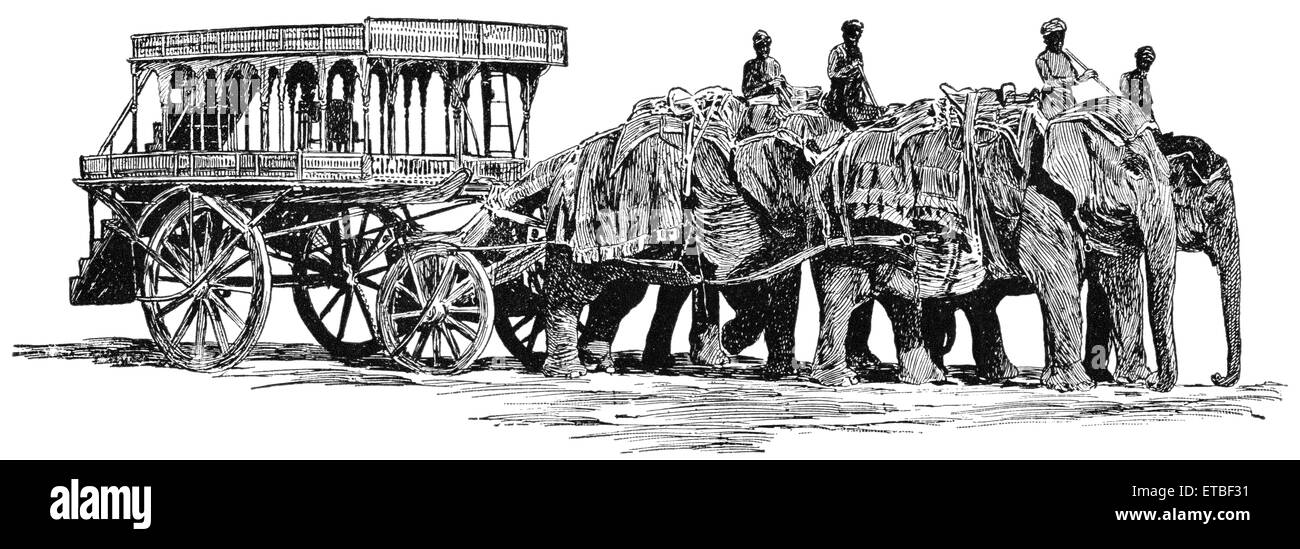 Royal Coach and Four Elephants, Burma, 'Classical Portfolio of Primitive Carriers', by Marshall M. Kirman, World Railway Publ. Co., Illustration, 1895 Stock Photo