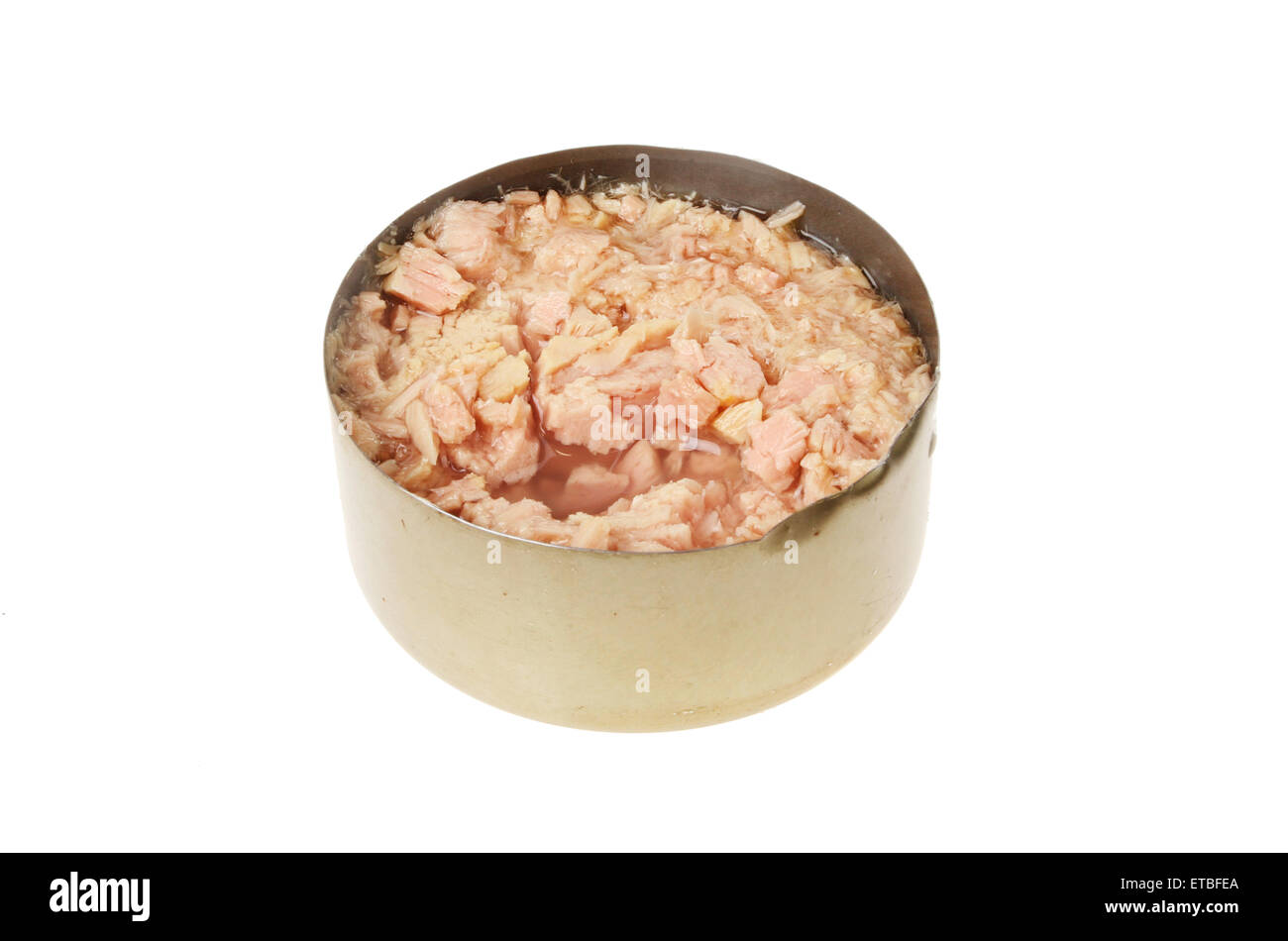 Open tin of tuna in brine isolated against white Stock Photo