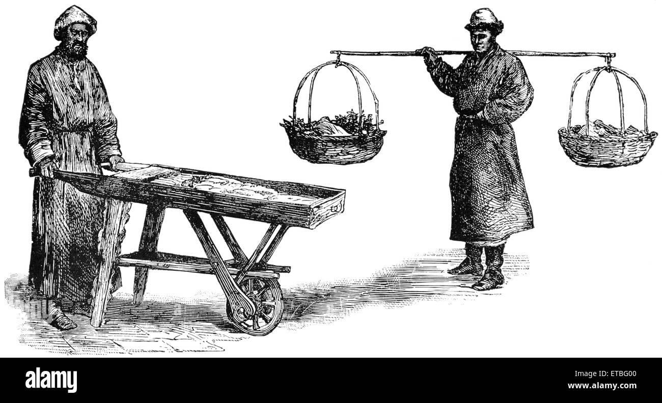 Merchant with Pushcart and one Carrying Baskets on Pole, Yarkand, Central Asia, 'Classical Portfolio of Primitive Carriers', by Marshall M. Kirman, World Railway Publ. Co., Illustration, 1895 Stock Photo