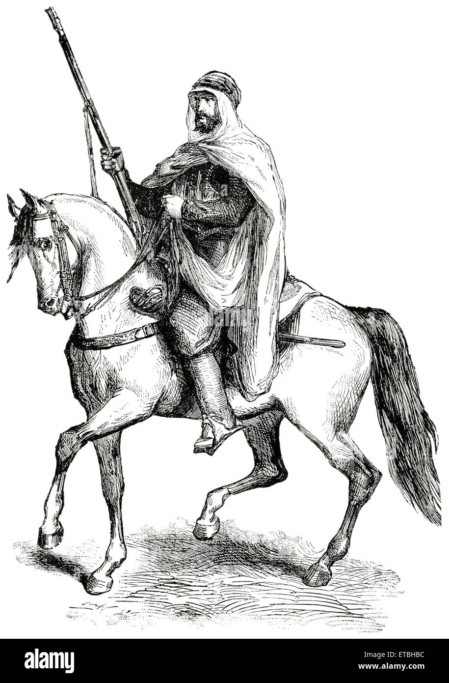 Native Algerian Soldier on Horseback in the Service of France, 'Classical Portfolio of Primitive Carriers', by Marshall M. Kirman, World Railway Publ. Co., Illustration, 1895 Stock Photo