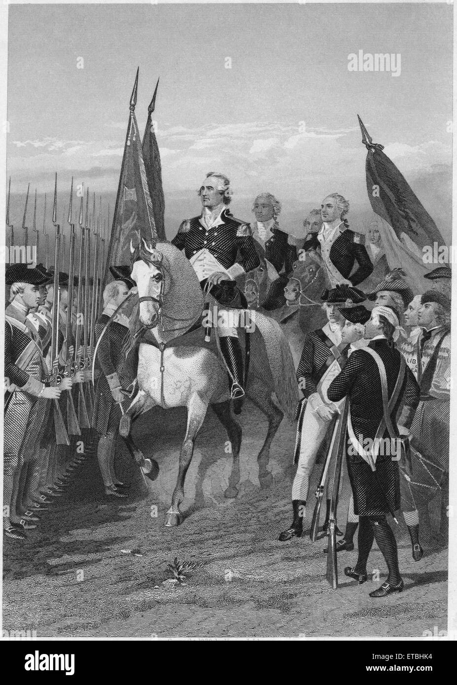 “Washington Taking Command of the Army”, 3 July 1775, Painting by Alonzo Chappel, Engraving Printed by Henry J. Johnson Publisher, NY, 1879 Stock Photo