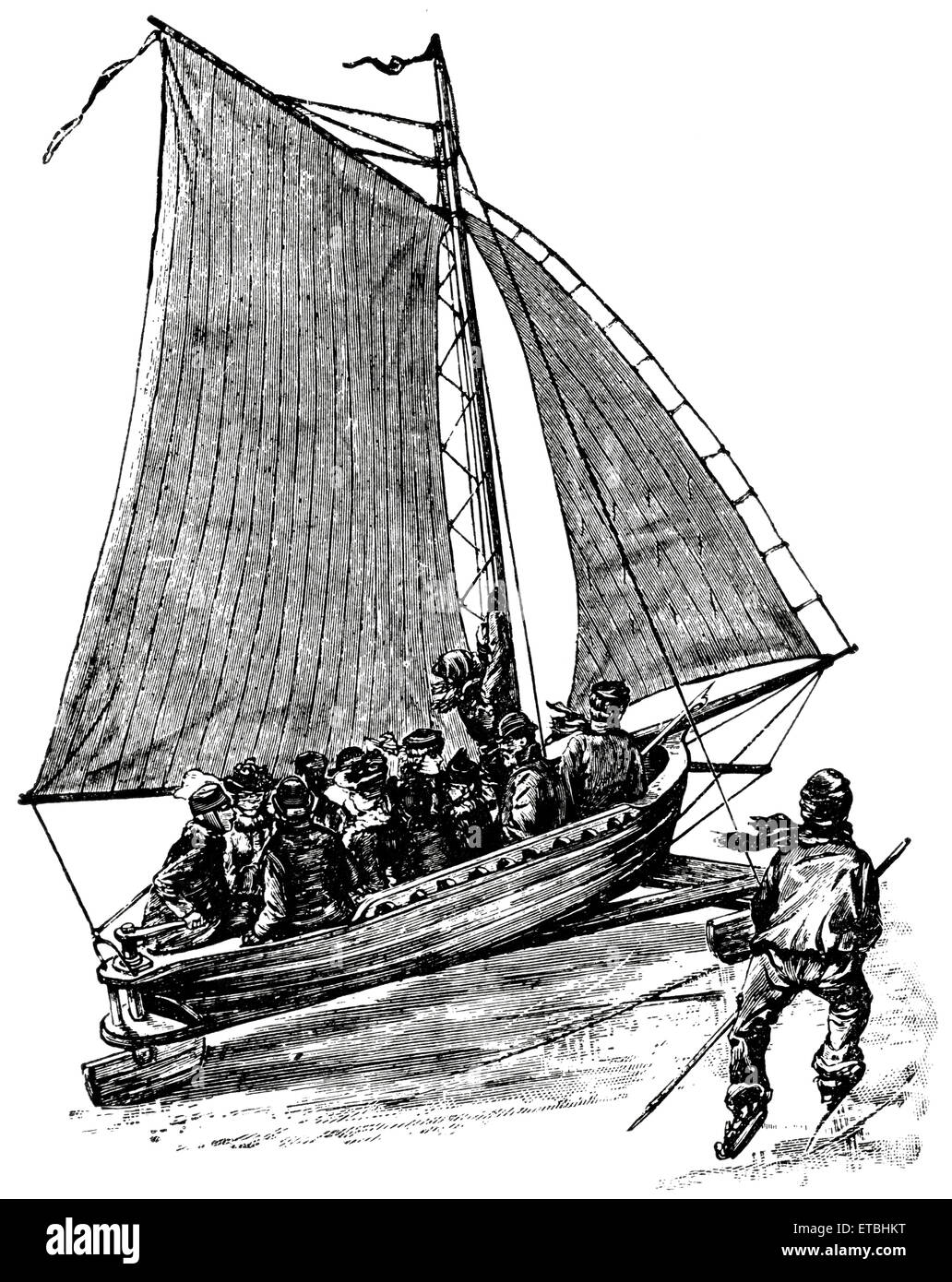 Passengers in Ice craft, Germany, 'Classical Portfolio of Primitive Carriers', by Marshall M. Kirman, World Railway Publ. Co., Illustration, 1895 Stock Photo