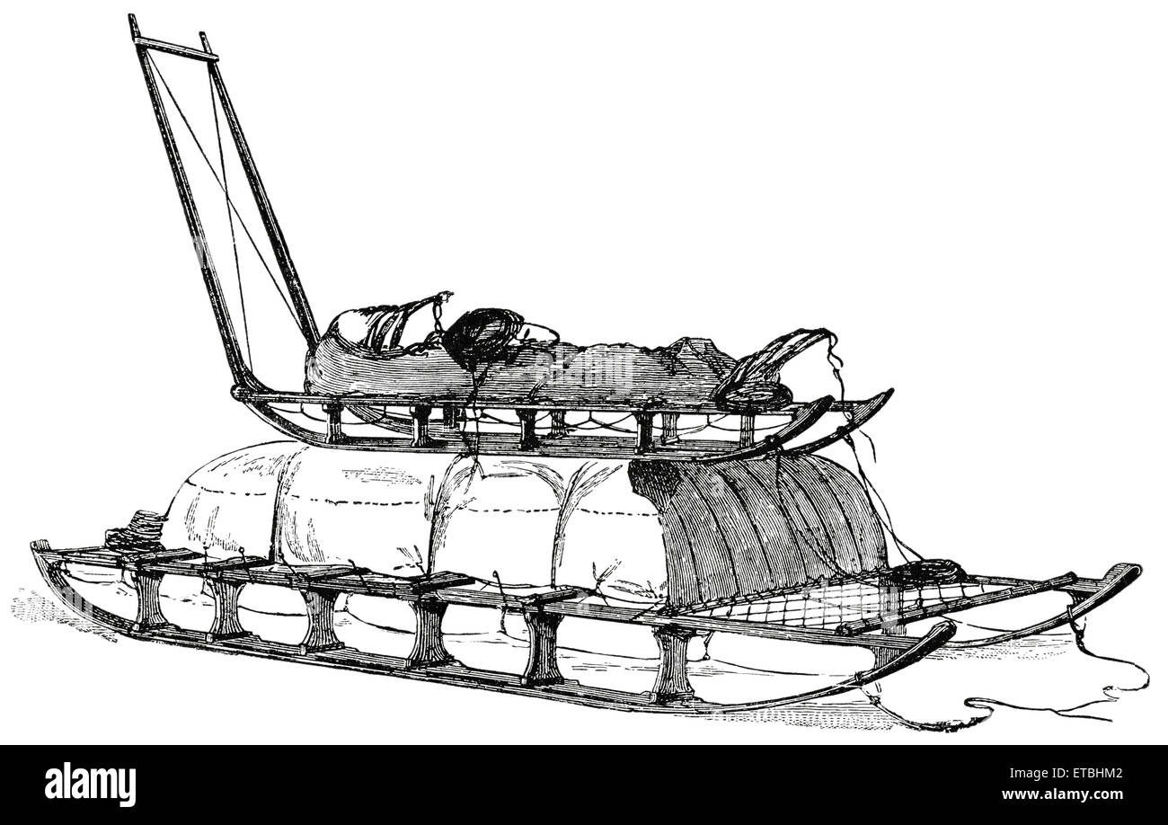 Arctic Sleigh used by Explorers, 'Classical Portfolio of Primitive Carriers', by Marshall M. Kirman, World Railway Publ. Co., Illustration, 1895 Stock Photo
