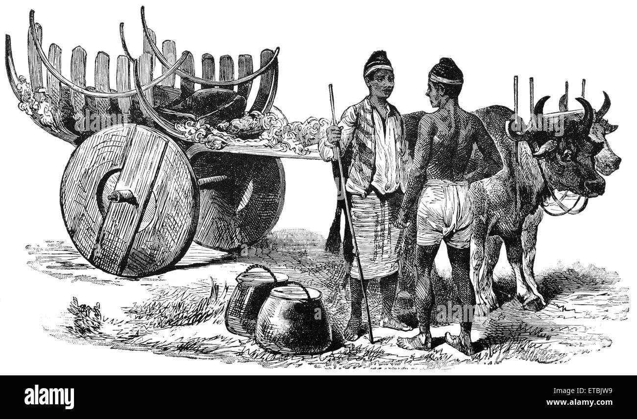 Burmese Traveling Cart in Farther India, 'Classical Portfolio of Primitive Carriers', by Marshall M. Kirman, World Railway Publ. Co., Illustration, 1895 Stock Photo