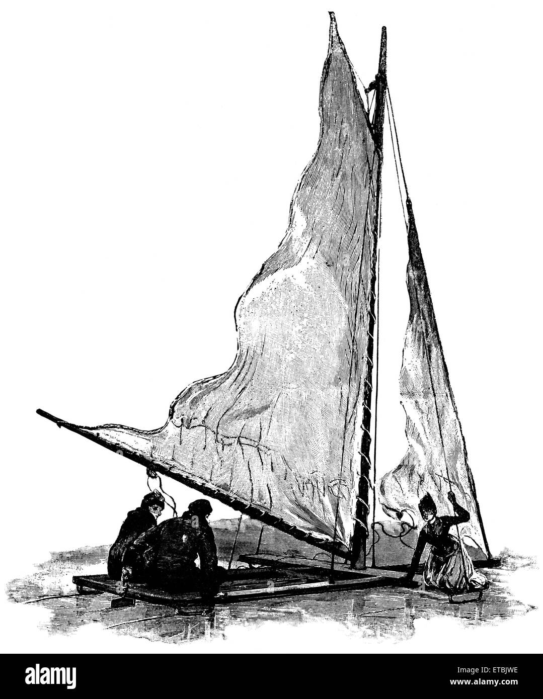 Ice Boat on Loch Cobbinshaw, Scotland, 'Classical Portfolio of Primitive Carriers', by Marshall M. Kirman, World Railway Publ. Co., Illustration, 1895 Stock Photo
