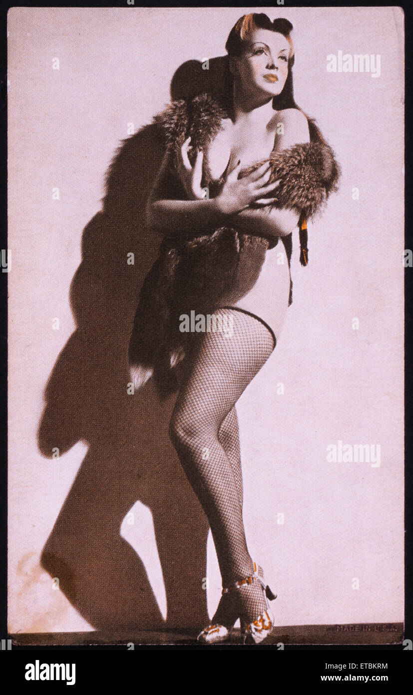 Woman in Mink Stole and Fishnet Stockings, Pin-up Card, 1940's Stock Photo