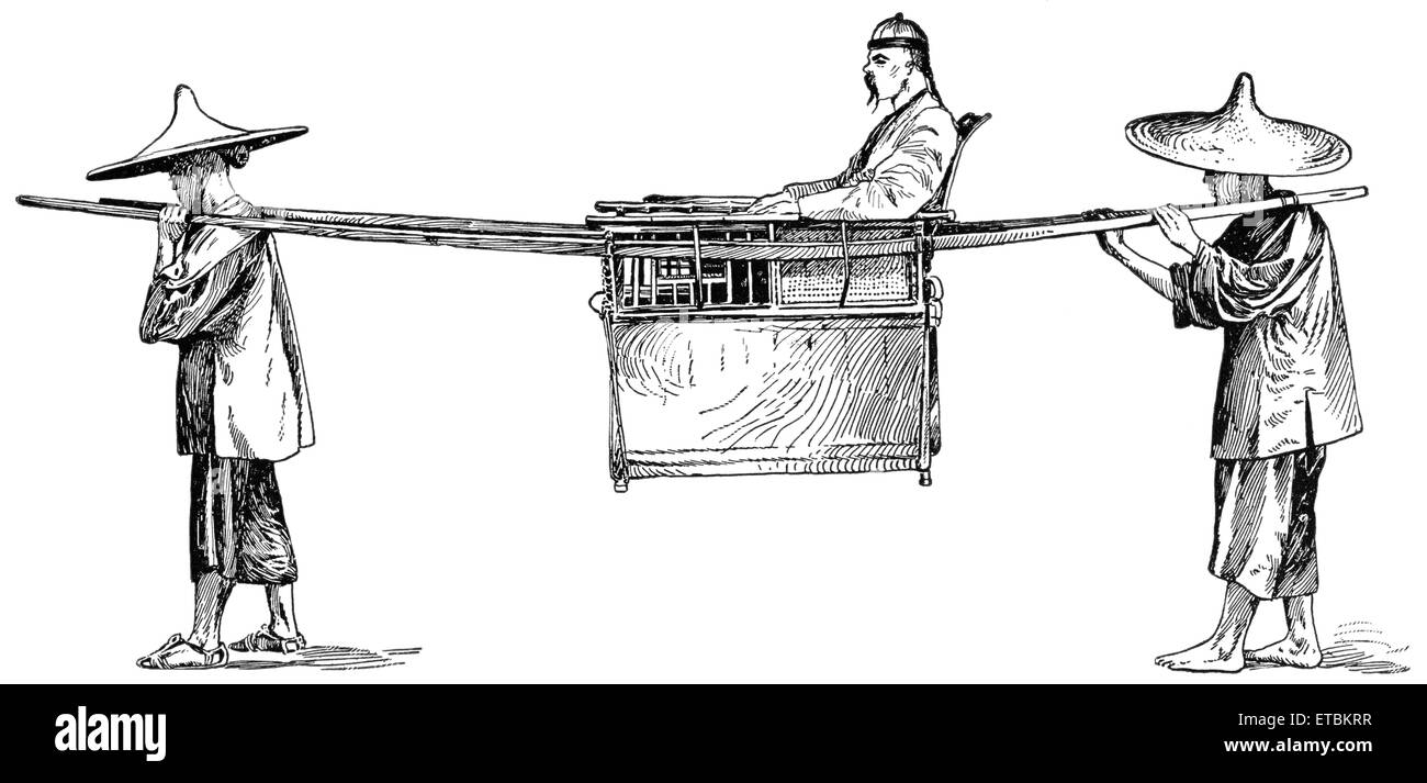 Traveler in Open Palanquin, China, 'Classical Portfolio of Primitive Carriers', by Marshall M. Kirman, World Railway Publ. Co., Illustration, 1895 Stock Photo