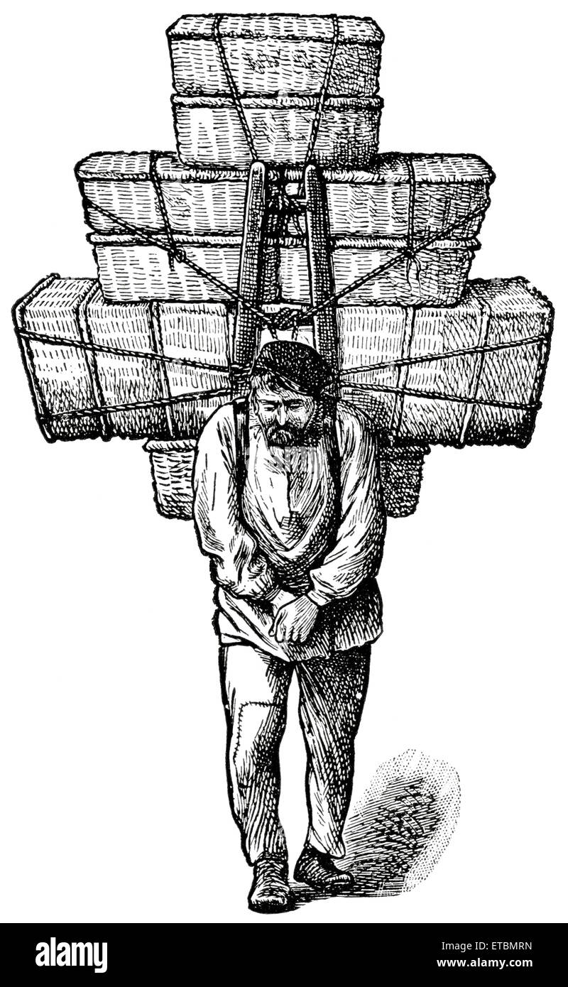 Porter Carrying Baskets on Back, Paris, France, 'Classical Portfolio of Primitive Carriers', by Marshall M. Kirman, World Railway Publ. Co., Illustration, 1895 Stock Photo