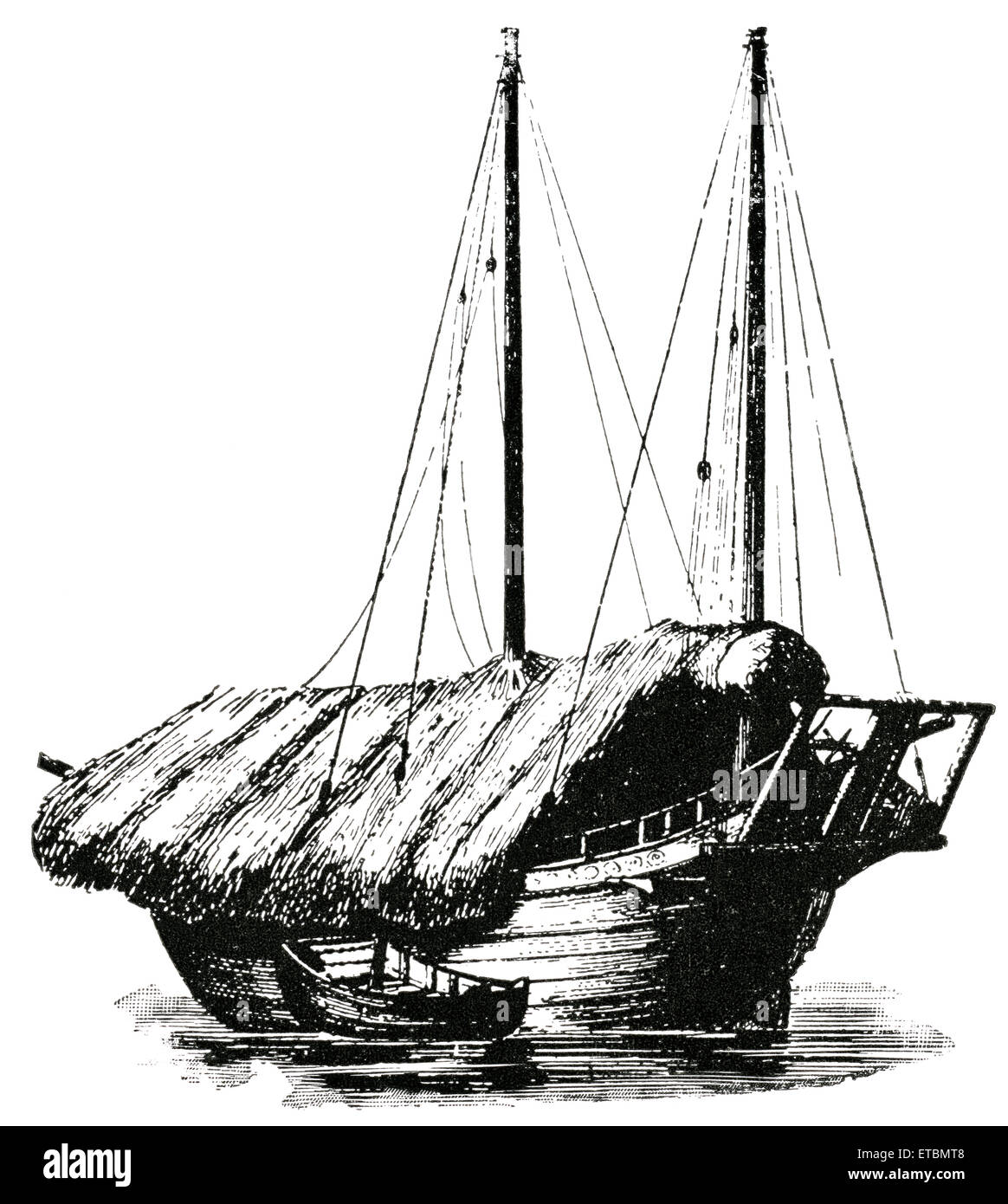 Coasting Vessel, Macau, 'Classical Portfolio of Primitive Carriers', by Marshall M. Kirman, World Railway Publ. Co., Illustration, 1895 Stock Photo