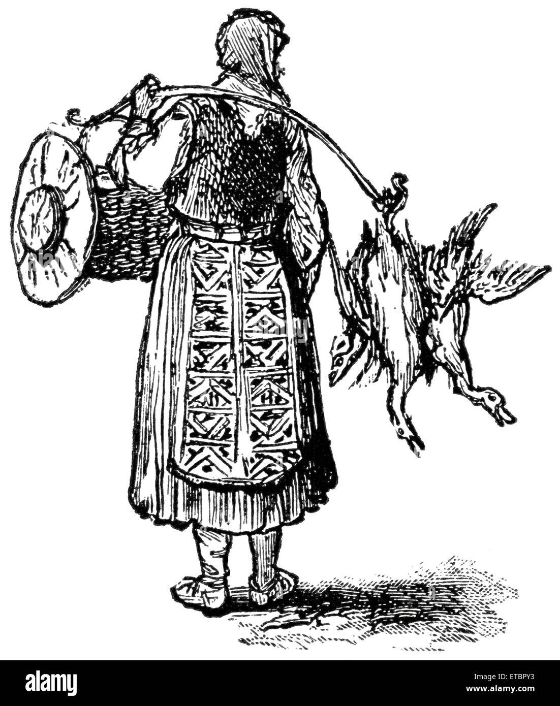 Serbian Woman on Way to Market,  'Classical Portfolio of Primitive Carriers', by Marshall M. Kirman, World Railway Publ. Co., Illustration, 1895 Stock Photo