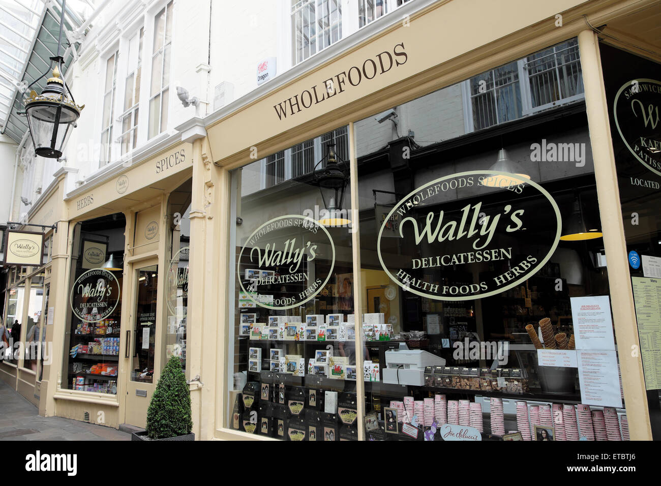 Exterior view of Wally's Delicatessen shop in Royal Arcade in Cardiff City Centre shopping area Wales UK   KATHY DEWITT Stock Photo