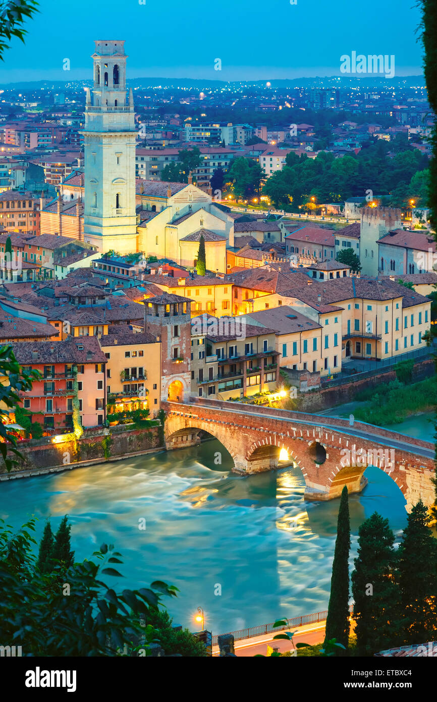 Ponte Pietra and Adige at night, Verona, Italy Stock Photo - Alamy