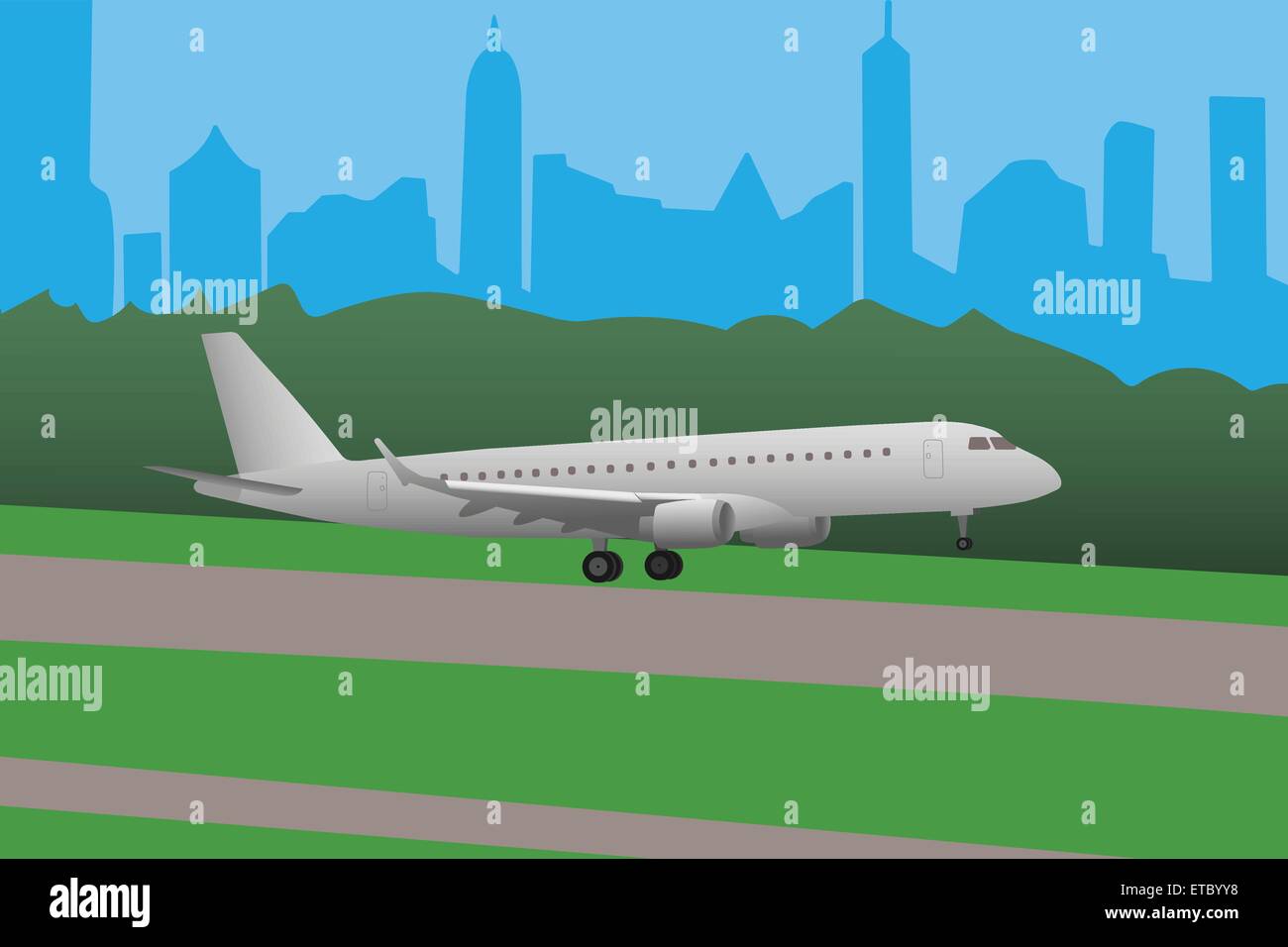 Vector illustration of airplane landing on airport by big city. Stock Vector