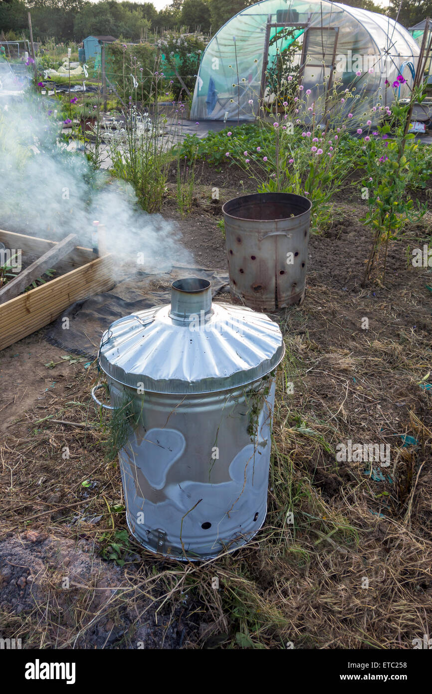 Allotment Incinerator Burning Weeds Prunings Stock Photo