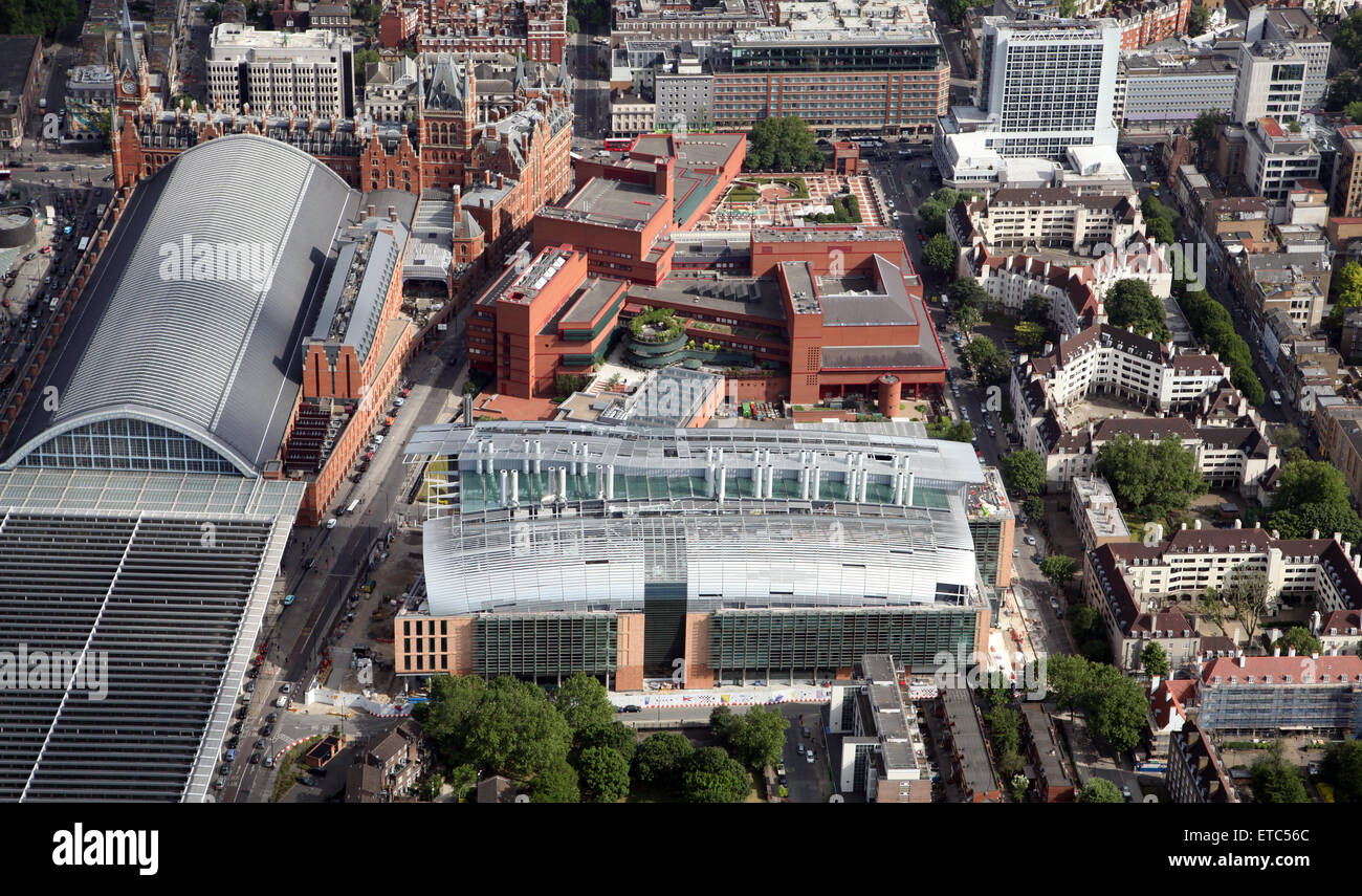 aerial view of the Francis Crick building behind the British Library in London NW1, UK Stock Photo