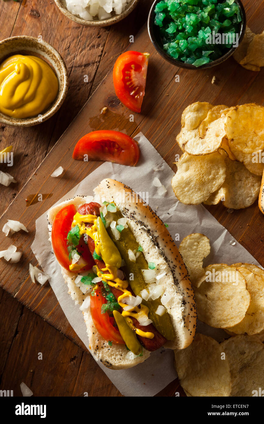 Homemade Chicago Style Hot Dog with Mustard Relish Tomato and Onion Stock Photo