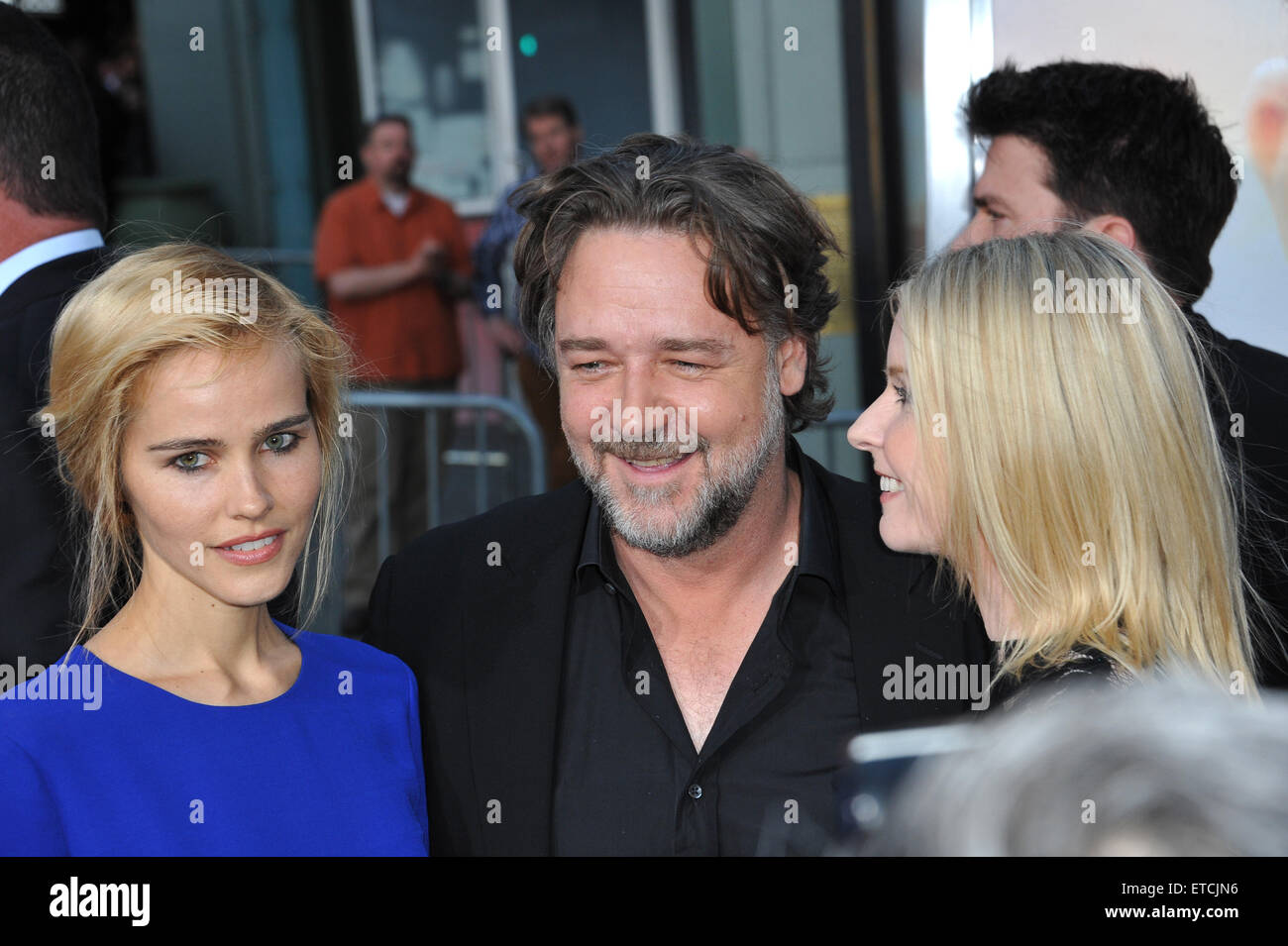 LOS ANGELES, CA - APRIL 16, 2015: Russell Crowe, Isabel Lucas & Jacqueline McKenzie (right) at the Los Angeles premiere of their movie 'The Water Diviner' at the TCL Chinese Theatre, Hollywood. Stock Photo